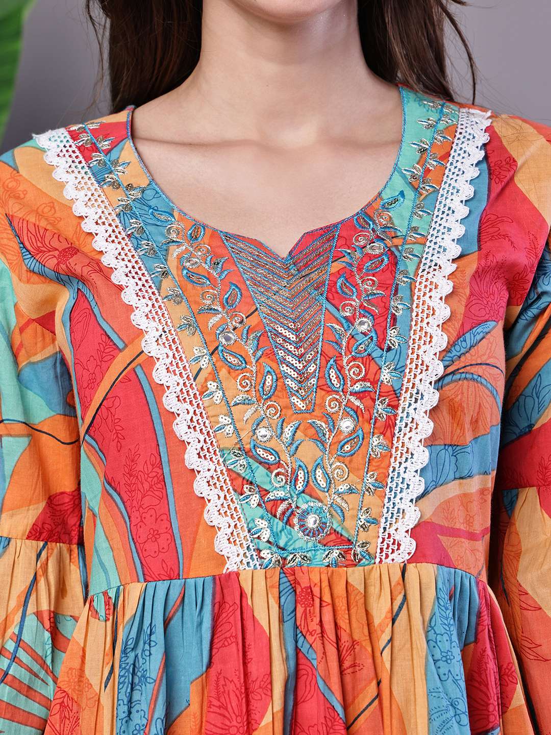 Wome's Vibrant Print Cotton Tunic Dress with Crochet Lace & Three-Quarter Sleeves Midi Dresses - Image 5