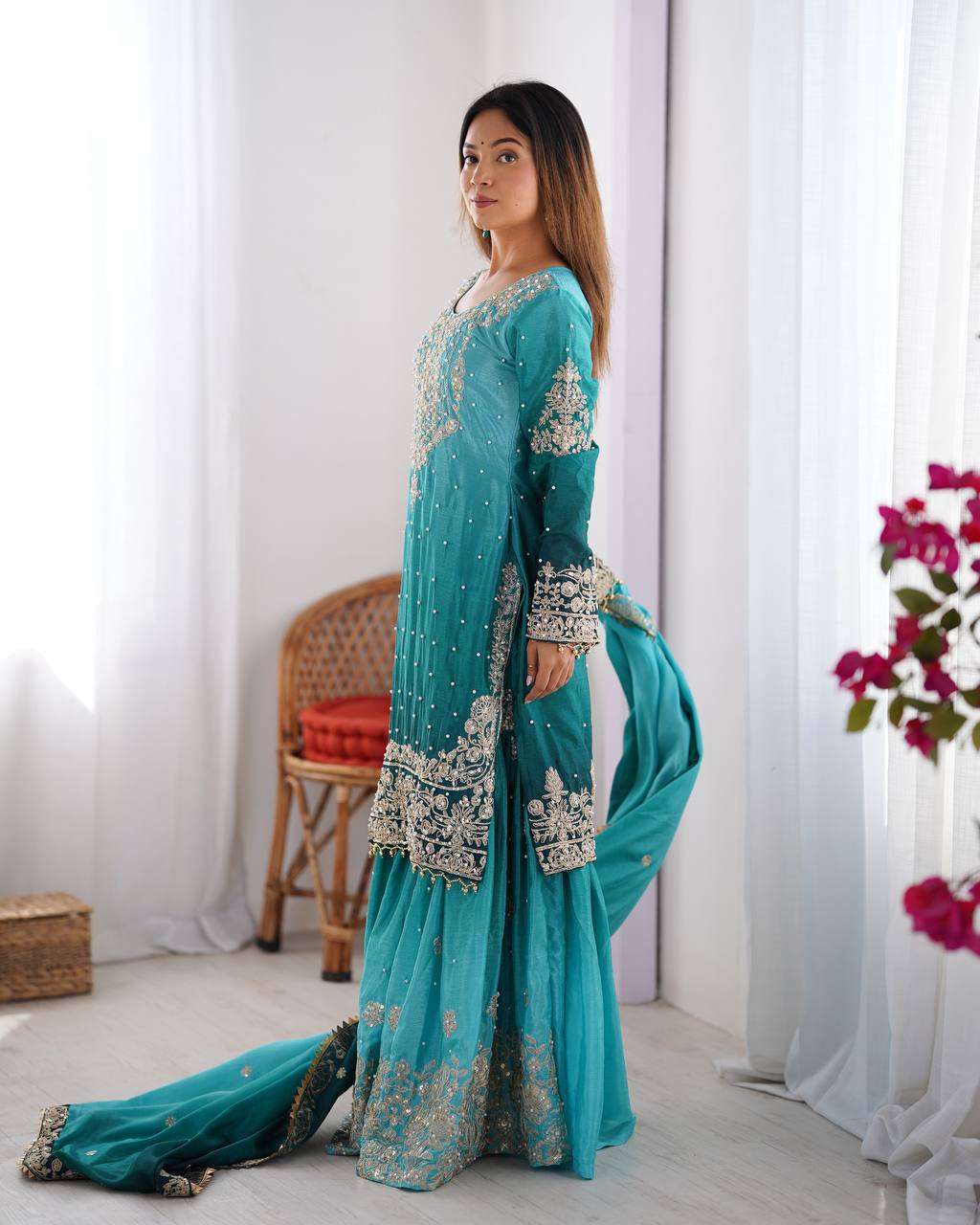 Women's Chinon Silk Sequence With Rivet Moti Work Straight Kurta With Sharara and Dupatta Set - Image 36