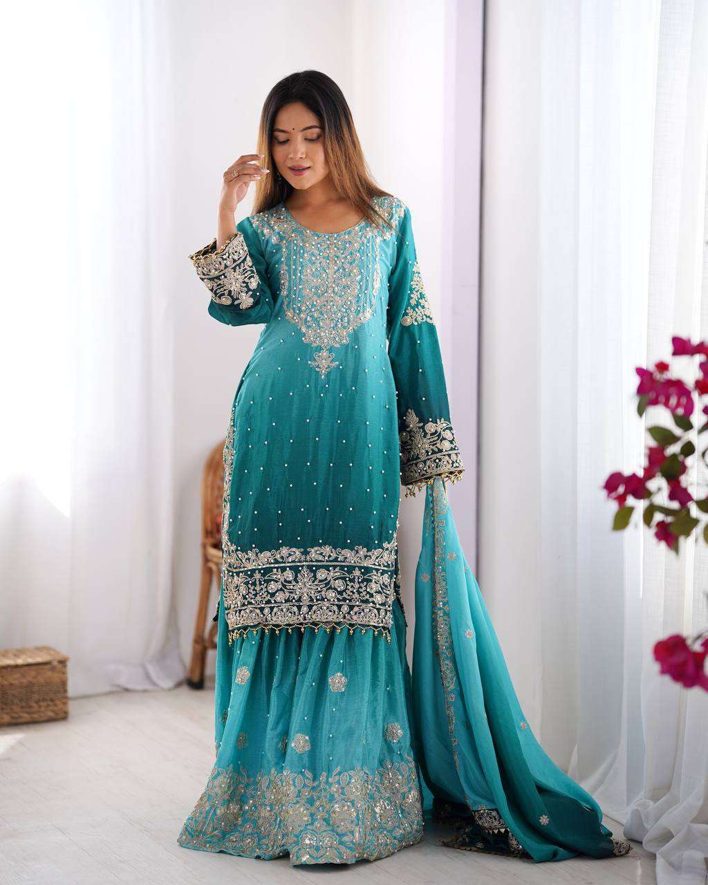 Women's Chinon Silk Sequence With Rivet Moti Work Straight Kurta With Sharara and Dupatta Set - Image 34