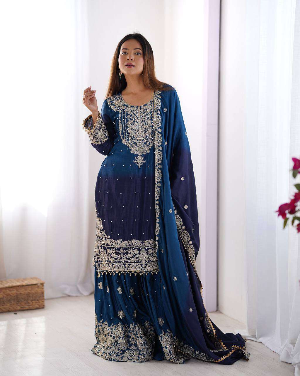 Women's Chinon Silk Sequence With Rivet Moti Work Straight Kurta With Sharara and Dupatta Set - Image 11